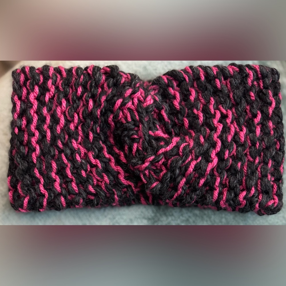 Handmade Hand Crafted Knit Twist Headband cowl set pink and black - Picture 3 of 4